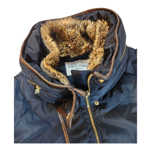 Cole Haan signature down feather puffer coat sz XL faux fur zip front navy brown - Picture 6 of 16